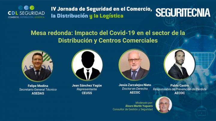 IV Jornada de Seguridad en el Comercio, la Distribución y la Logística. Felipe Medina, secretario general técnico de ASEDAS; Jean Sánchez Yagüe, representante de CEUSS; Jesús Zarzalejo Nieto, abogado, doctor en Derecho AECOC; y Pablo Castro, responsable de Prevención de Pérdida en AECOC; con Álvaro Martín Yuguero, consultor de gestión y seguridad, asesor de desarrollo corporativo Vasbe. 