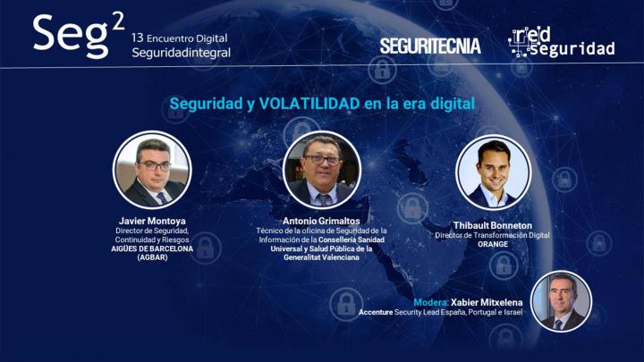 Javier Montoya, director de Seguridad, Continuidad y Riesgos de Aigües de Barcelona (Agbar); Antonio Grimaltos, coordinador del Capítulo Valenciano de ISMS Forum y técnico de la Oficina de Seguridad de la Información de la Consellería Sanidad Universal y Salud Pública de la Generalitat Valenciana; y Thibault Bonneton, director de Transformación Digital de Orange. Xabier Mitxelena, Accenture Security Lead para España, Portugal e Israel.