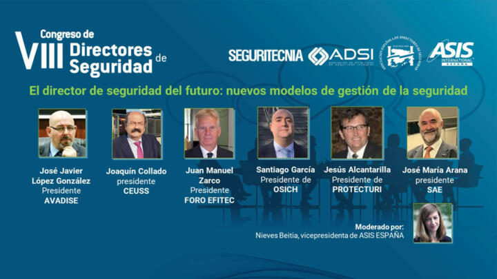 José Javier López González, presidente de AVADISE; Joaquín Collado, presidente de CEUSS; Juan Manuel Zarco, presidente de Foro EFITEC; Santiago García, presidente de OSICH; Jesús Alcantarilla, presidente de Protecturi; José María Arana, presidente de SAE y Nieves Beitia, vicepresidenta de ASIS España.