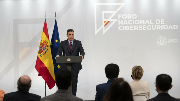 Pedro Sánchez en La Moncloa en la presentación de los trabajos del Foro Nacional de Ciberseguridad.