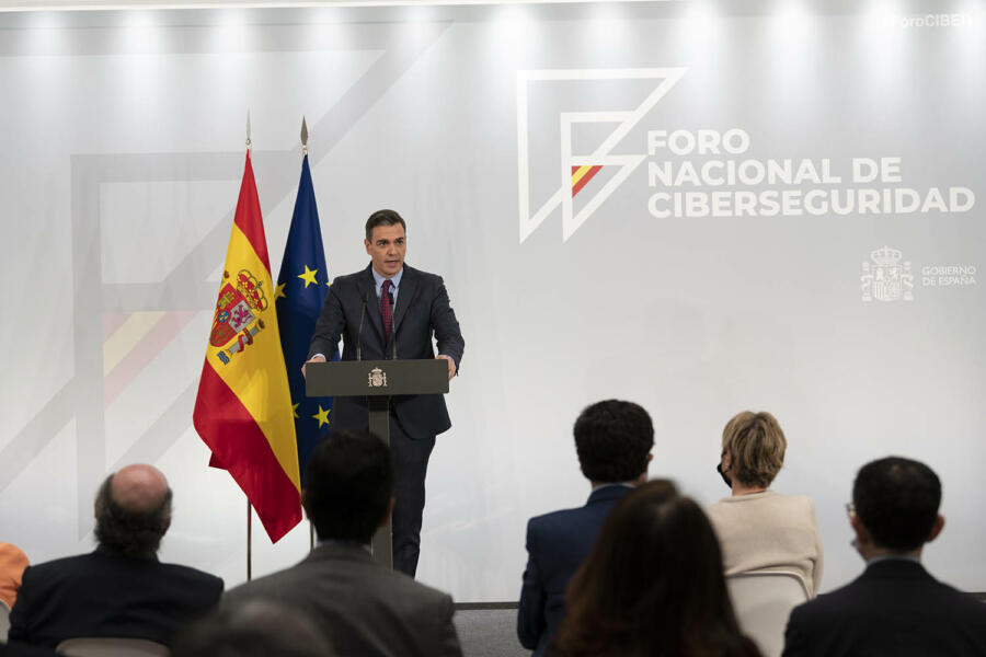 Pedro Sánchez en La Moncloa en la presentación de los trabajos del Foro Nacional de Ciberseguridad.