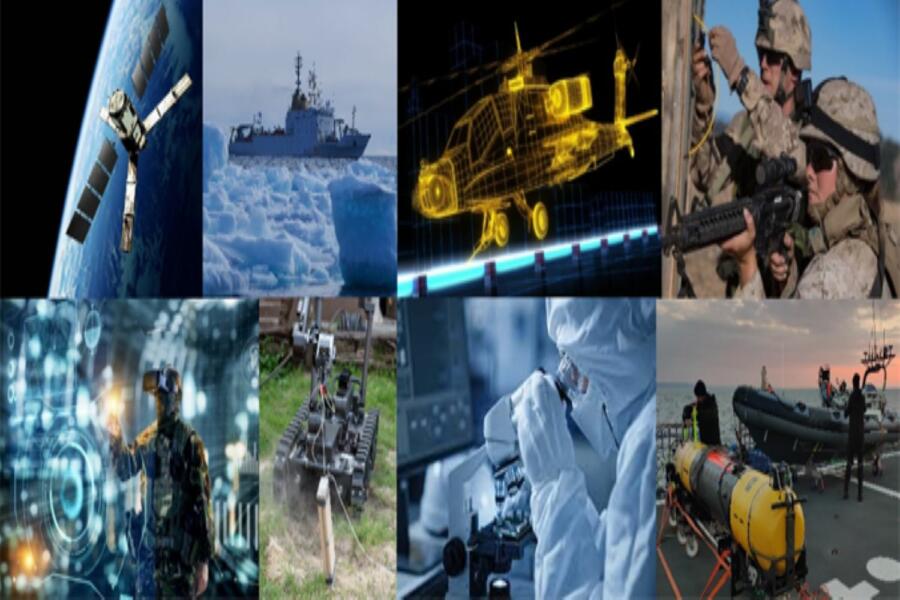 Collage actividades de la OTAN: satélite, buque, helicóptero, soldados del ejército, tanque, tecnología virtual, laboratorio, barco de investigación marina.