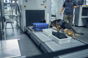 Seguridad de la aviación, control de equipajes con perro.