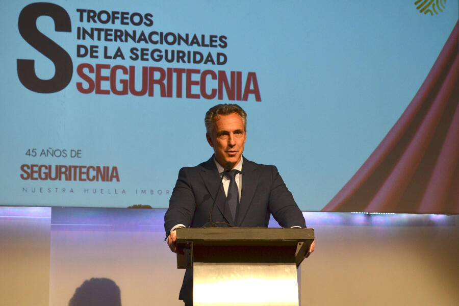 Carlos Novillo Piris, consejero de Medio Ambiente, Agricultura e Interior de la Comunidad de Madrid, durante su intervención al final de la entrega de los 38º Trofeos Internacionales de la Seguridad.