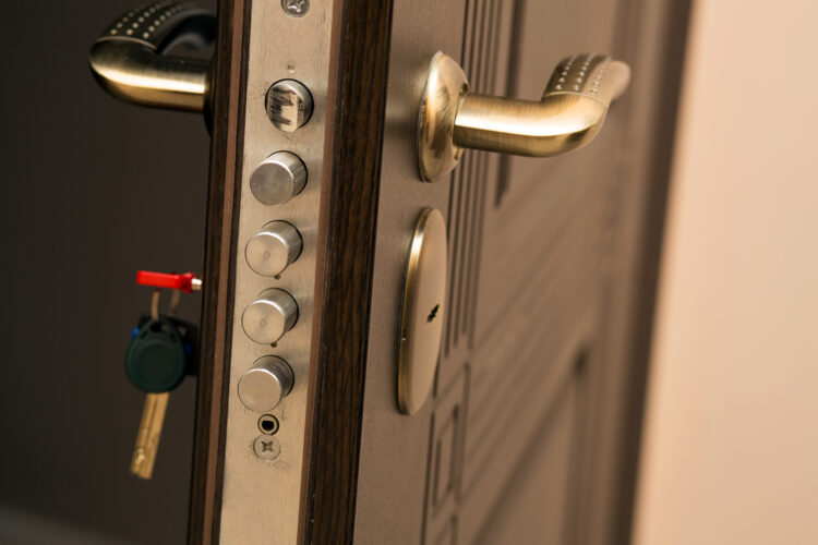 una cerradura de una puerta blindada con la llave en la ranura