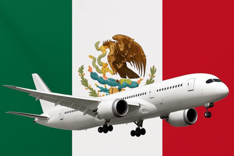 un avión comercial sobre la bandera de México