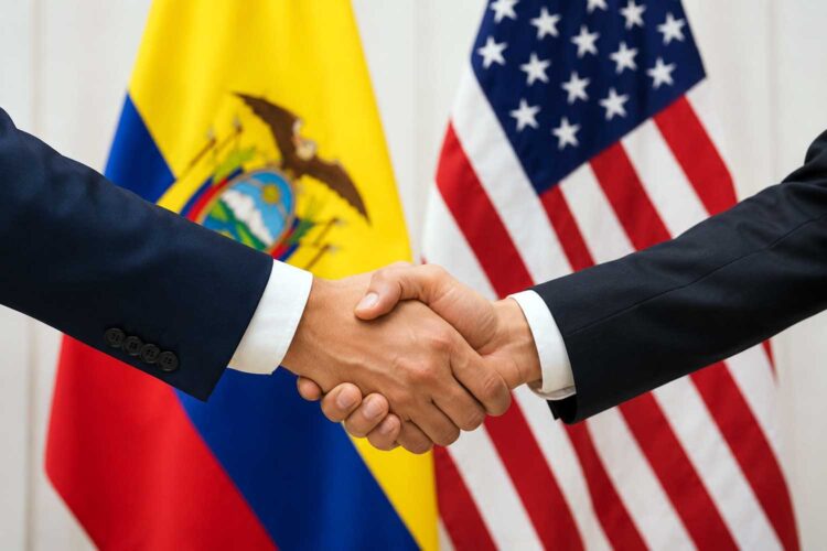 dos hombres se dan la mano con las banderas de Ecuador y Estados Unidos al fondo